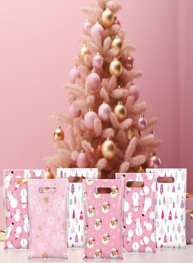 Blosssound Pieces Pink Christmas Treat Bags Bulk - Snowman Snowflakes Santa Claus Plastic Xmas Bags for Winter Holiday Christmas Party Favors Goodie Candy Packing Supplies (100 Pcs) - Image 5